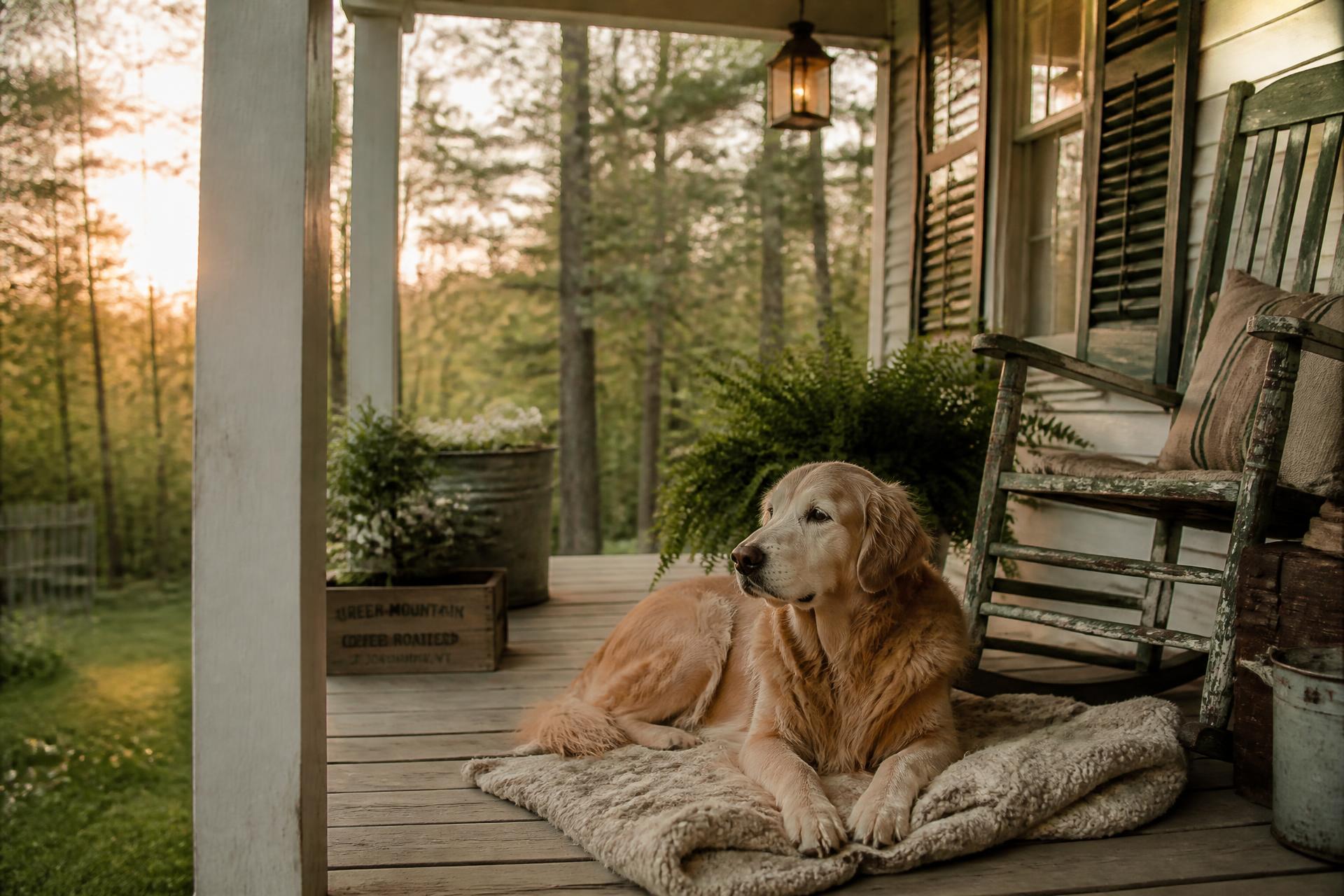 Senior golden retriever resting on a wooden porch at golden hour surrounded by tall quiet woods