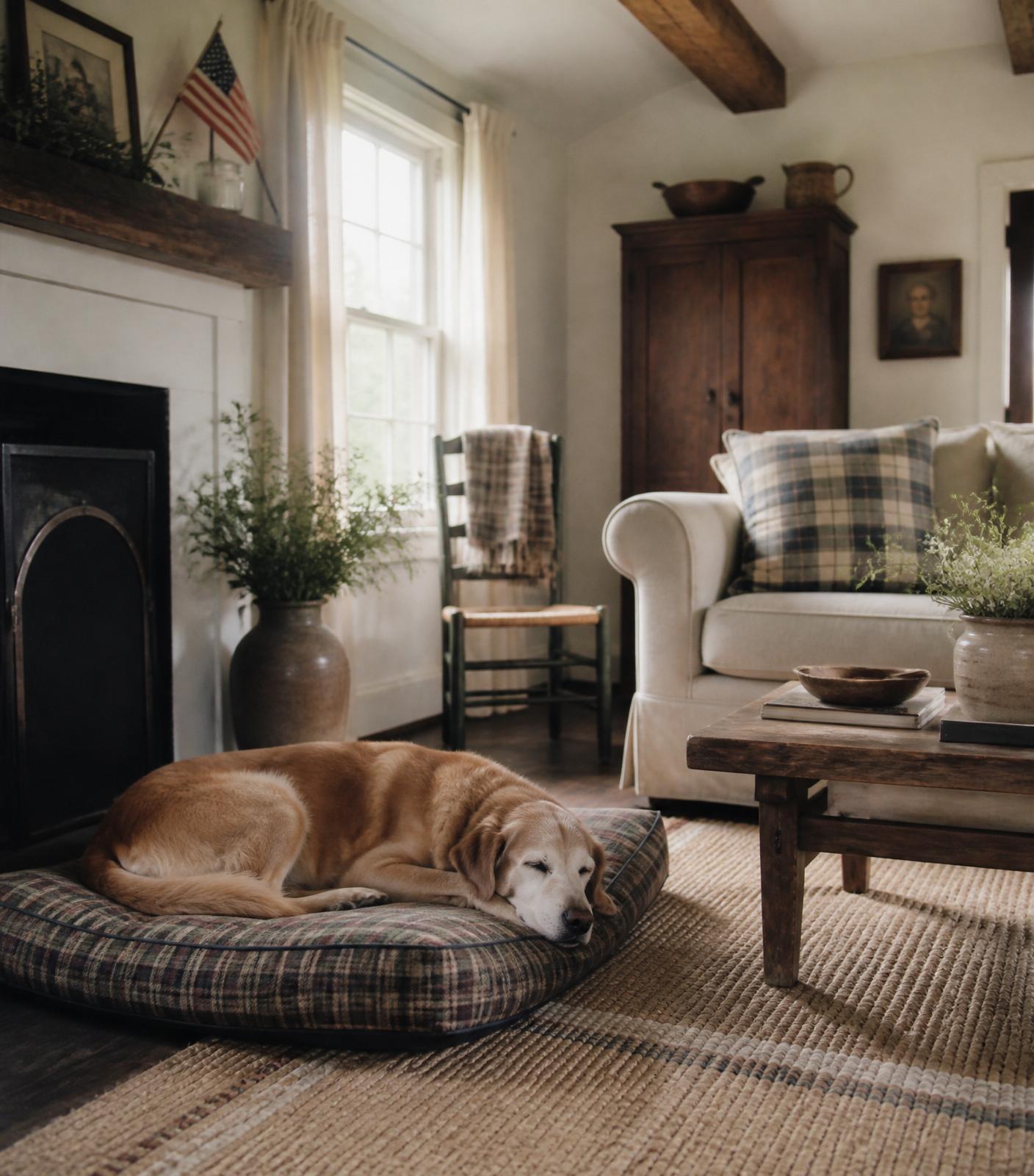 Senior dog resting on a plaid dog bed in a cozy farmhouse living room with soft window light
