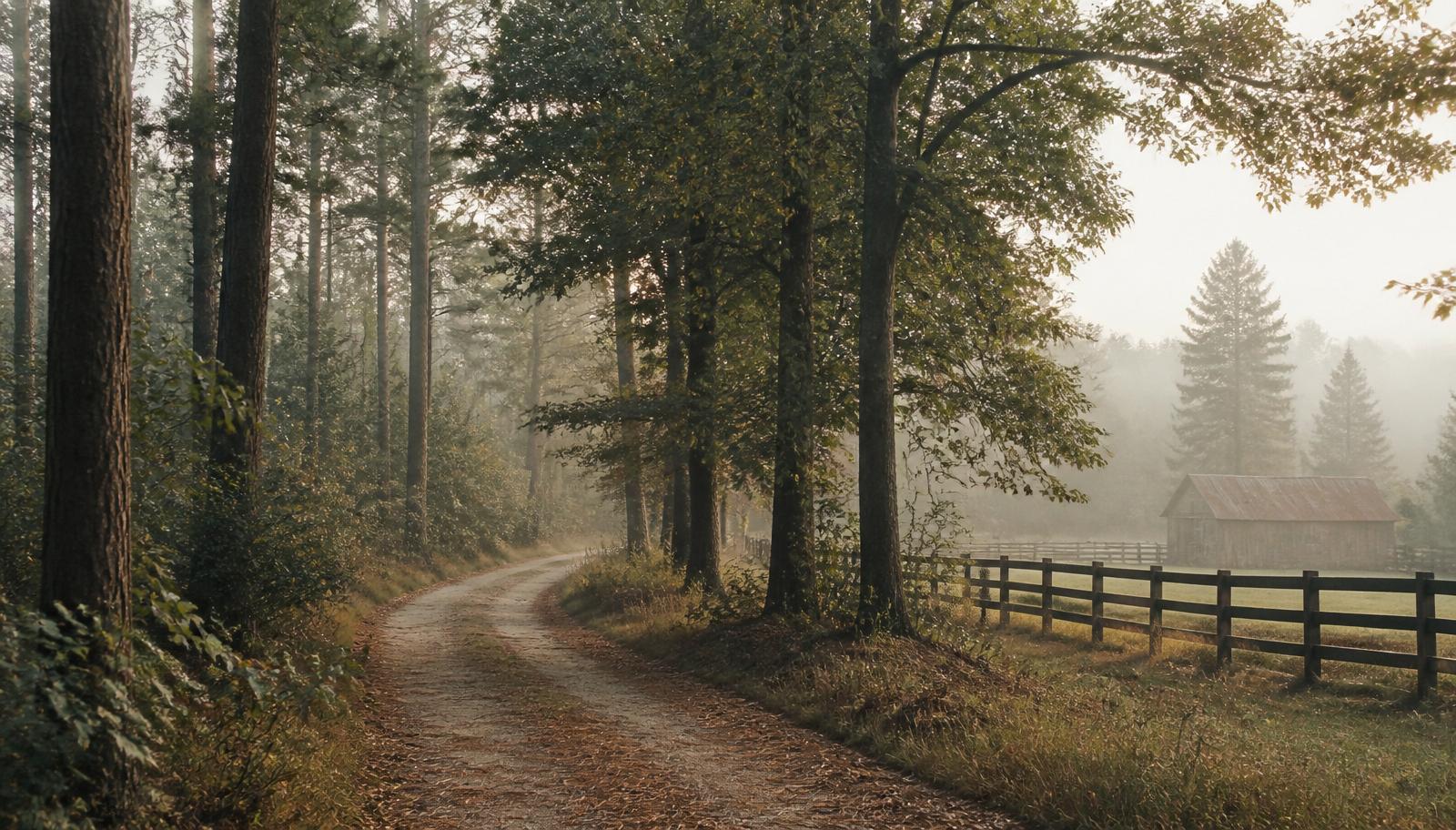 Misty morning path winding through tall pines beside a wooden fence and old barn